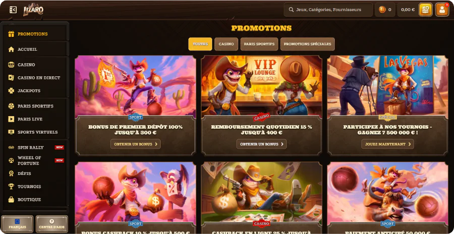Bonus promotions disponibles application Lizaro Casino France