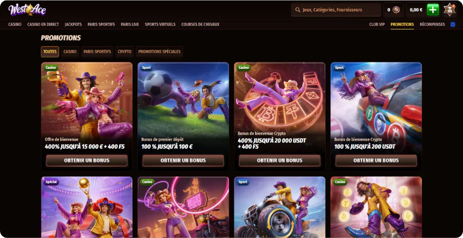 Bonus promotions disponibles application Westace Casino France