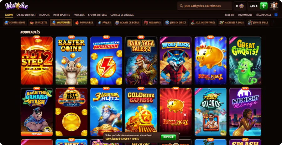 Nouveautés slots récents Westace Casino dernières innovations