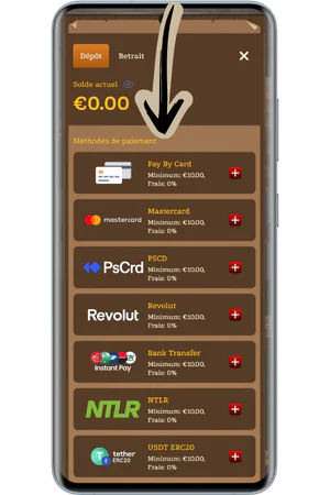 Sélection méthode paiement application casino France