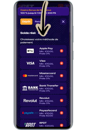 Sélection méthode paiement application casino France