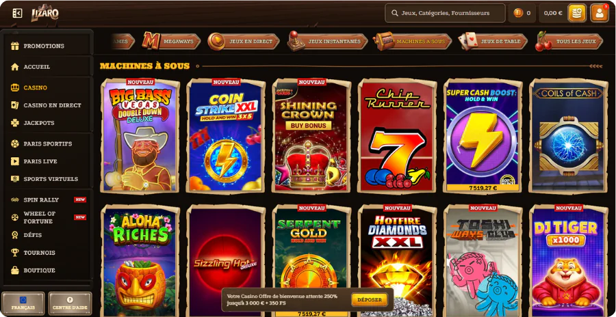Sélection machines sous Lizaro Casino jeux populaires