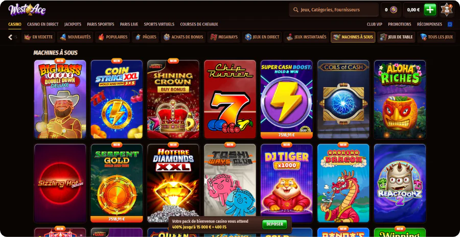 Sélection machines sous Westace Casino jeux populaires variés