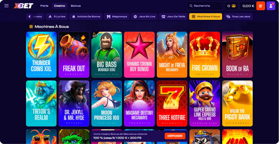 Sélection machines sous X3Bet Casino jeux populaires variés