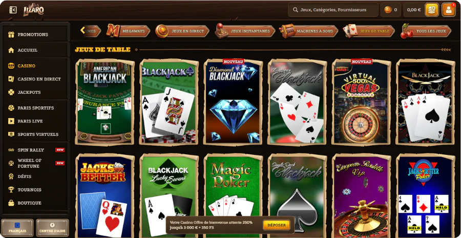 Jeux table classiques roulette blackjack baccarat Lizaro