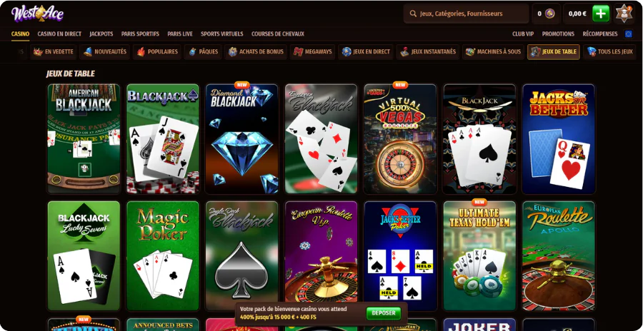 Jeux table classiques roulette blackjack baccarat Westace