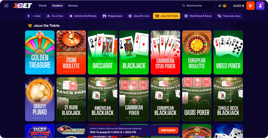 Jeux table classiques roulette blackjack baccarat X3Bet