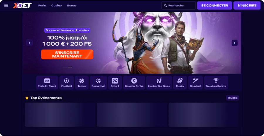 Interface application X3Bet casino avec paris sportifs intégrés